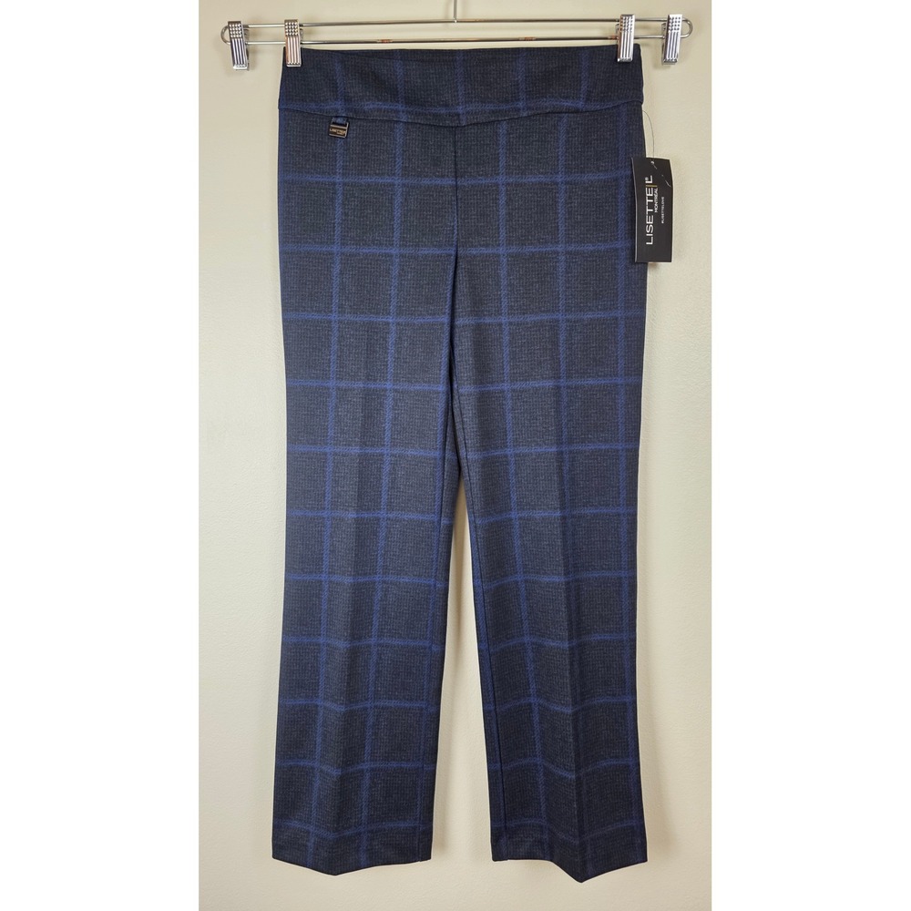 Lisette L Montreal Pants Womens 10 Navy Blue Windowpane Plaid Pull On Dress‎ NWT